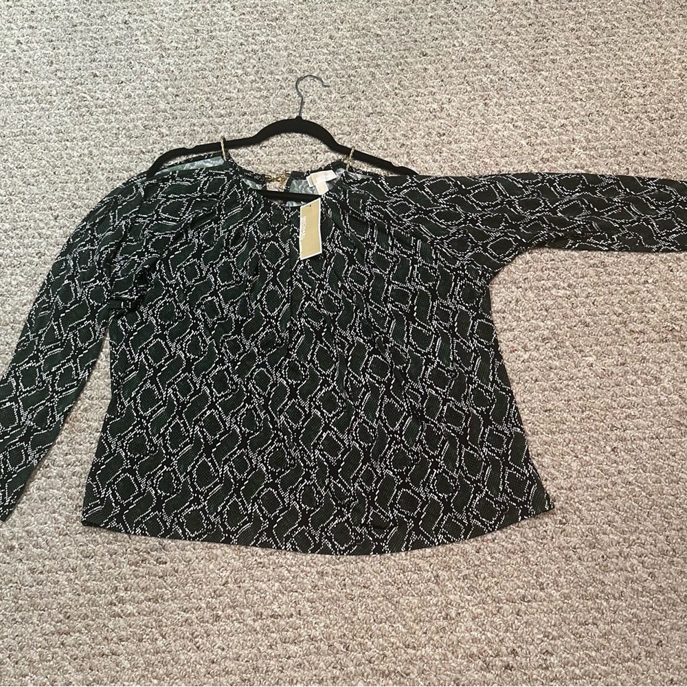 Michael Kors Olive Green, Cream and Black Patterned Cold-shoulder Blouse